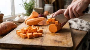 Étape 3: Coupez les patates douces en dés réguliers d'env...