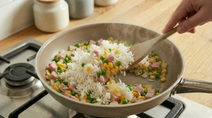 Étape 12: Ajoutez le riz refroidi dans la poêle et faites-l...