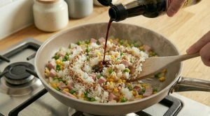 Étape 13: Versez la sauce soja sur le riz et mélangez pour ...