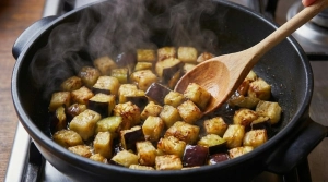 Étape 7: Commencez par faire revenir les aubergines à feu ...