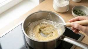 Étape 6: Dès que le beurre est fondu, ajoutez la farine en...