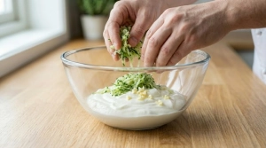 Étape 10: Ajoutez la pulpe de concombre et l'ail haché au y...
