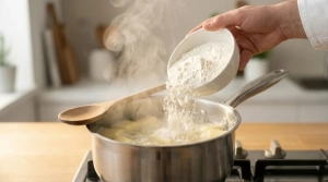 Étape 3: Retirez la casserole du feu et versez la farine en...