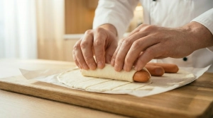 Étape 5: Enroulez chaque saucisse dans sa bande de pâte fe...