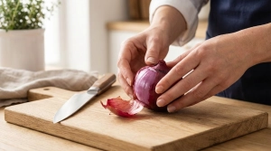 Étape 1: Commencez par éplucher l'oignon rouge et coupez-l...