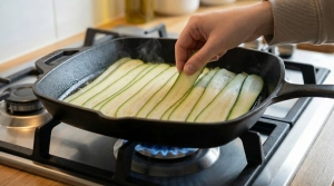 Étape 6: Déposez les lanières de courgettes dans la poêl...