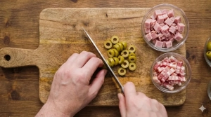 Étape 3: Égouttez les olives vertes et coupez-les en ronde...