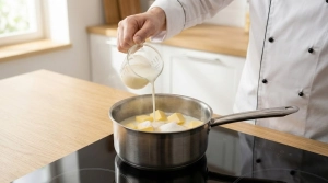 Étape 2: Dans une casserole, versez l'eau, le lait, le sel,...