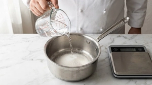 Étape 1: Dans une casserole, versez 25 cl d'eau et le sucre...
