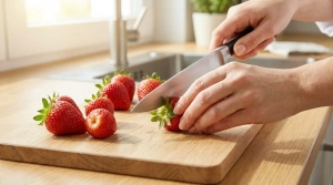 Étape 2: Équeutez les fraises en retirant la partie verte....