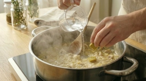 Étape 7: Versez l'eau et émiettez le cube de bouillon de l...