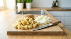 Étape 6: Émincez l'oignon grossièrement et coupez la pomm...