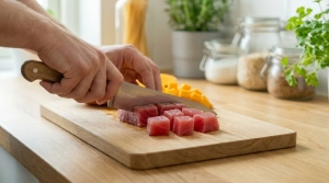 Étape 2: Sur une planche propre, tranchez le thon rouge en ...