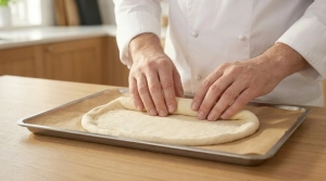 Étape 4: Déroulez la pâte à pizza sur une plaque de cuis...
