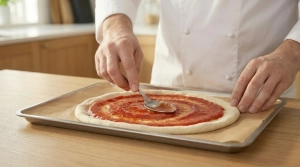Étape 5: Étalez la sauce tomate sur la pâte avec le dos d...