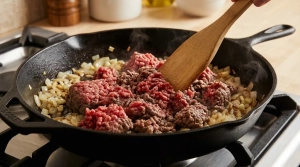 Étape 6: Ajoutez le bœuf haché dans la poêle. Écrasez-l...