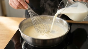 Étape 3: Versez le lait froid petit à petit tout en fouett...