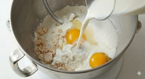 Étape 5: Versez le lait tiède (pas chaud) sur les oeufs....