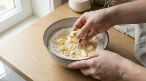 Étape 2: Ajoutez le beurre froid coupé en dés et sablez l...