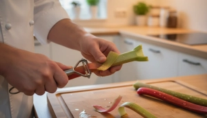 Étape 2: Lavez les tiges de rhubarbe. Épluchez-les délica...