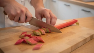 Étape 3: Sur une planche à découper, taillez la rhubarbe ...