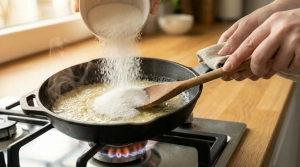 Étape 5: Saupoudrez le sucre sur le beurre fondu et mélang...