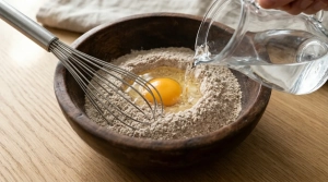Étape 2: Cassez un œuf dans le puits. Commencez à mélang...