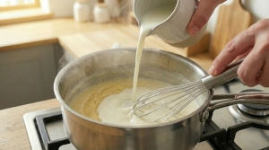 Étape 10: Versez le lait petit à petit sans cesser de fouet...
