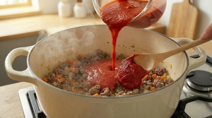 Étape 5: Versez le coulis de tomate et le concentré de tom...