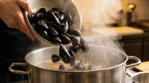 Étape 11: Jetez les moules égouttées dans la marmite en un...