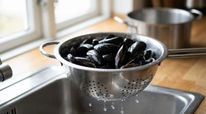 Étape 4: Égouttez les moules dans une passoire et réserve...