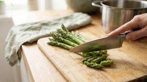 Étape 2: Rincez les asperges vertes. Sur votre planche à d...