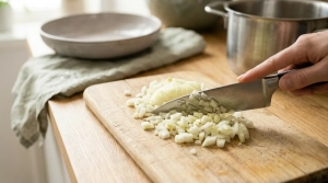 Étape 3: Épluchez l'oignon jaune et émincez-le le plus fi...