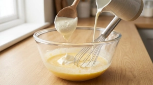 Étape 6: Ajoutez la crème fraîche et le lait, puis fouett...