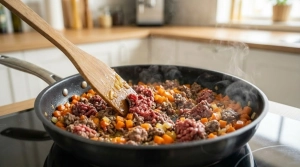 Étape 11: Ajoutez la viande hachée dans la poêle. Écrasez...