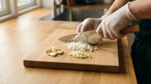 Étape 3: Émincez finement l'oignon et hachez les gousses d...