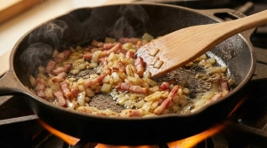 Étape 9: Ajoutez les oignons émincés et les lardons fumé...