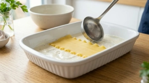 Étape 9: Dans le fond du plat à gratin, étalez une fine c...