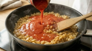 Étape 9: Versez les tomates pelées et laissez mijoter 5 mi...