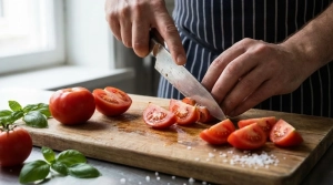Étape 2: Sur une planche à découper, taillez les tomates ...
