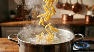 Étape 2: Plongez les penne dans l'eau bouillante et remuez ...