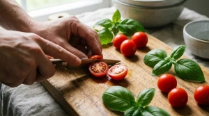 Étape 6: Lavez les tomates cerises et coupez-les en deux da...