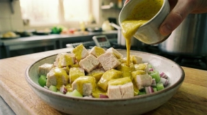 Étape 10: Dans un grand saladier, placez les dés de poulet,...