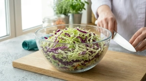 Étape 2: Émincez très finement le chou vert et le chou ro...